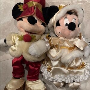 Vintage Disney Mickey and Minnie Plush Set dressed in Victorian Satin outfits